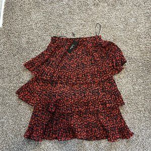 Duarte Black and Red Floral Print Pleated Tiered Midi Skirt